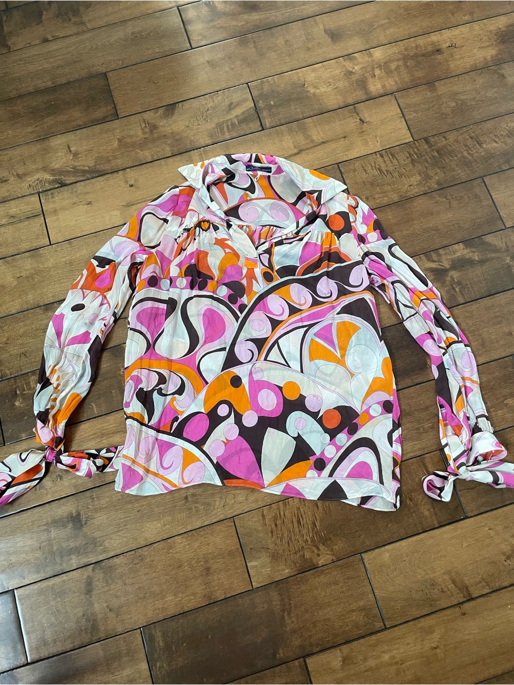 Emilio Pucci Archivo Pink & Orange Abstract Print Tie-Sleeve Blouse